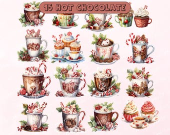 Watercolor Hot Chocolate Clipart, Christmas Cocoa PNG (Digital Download)