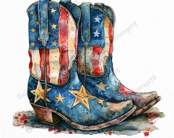 23 Patriotic Cowboy Boots Clipart: Americana Western PNG Digital Downloads .