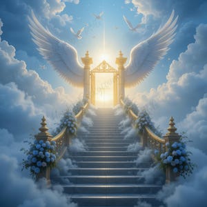 May include: A digital illustration of a stairway leading to a golden gate, framed by large white angel wings. The scene is set amongst fluffy clouds and a bright, heavenly light, with doves flying in the sky. The stairway is decorated with blue flowers.