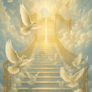 May include: A celestial artwork depicting a golden staircase ascending to luminous gates, surrounded by clouds. White doves are in flight, adding to the serene atmosphere. The image conveys a sense of peace and spiritual significance.