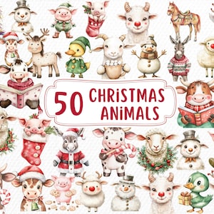 50 PNG Christmas Animals Clipart, Adorable Festive Printable Art, Cute Holiday-Themed Animal Designs  Crafts Gifts, Instant Download PNG