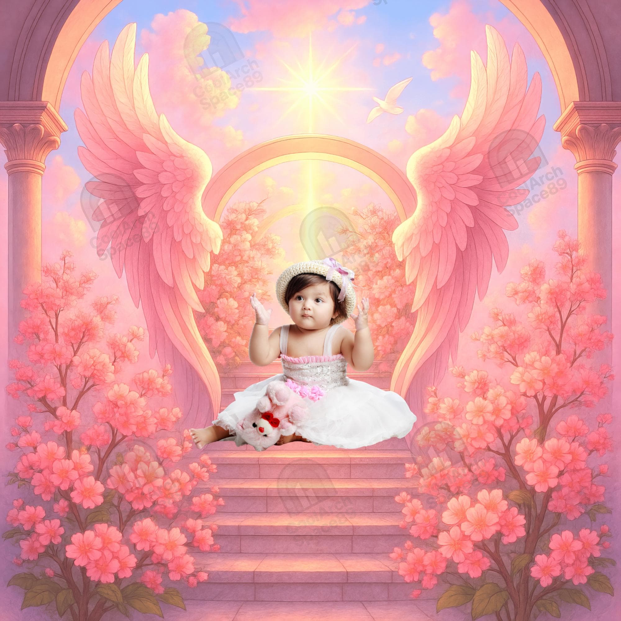 Pink Heaven Pink Gate Doves Memorial Background PNG Digital