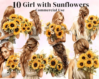 10  Girl with Sunflowers clipart ,Summer clipart ,Sunflower planner printable ,American woman with hat and yellow, Digital Downloads.