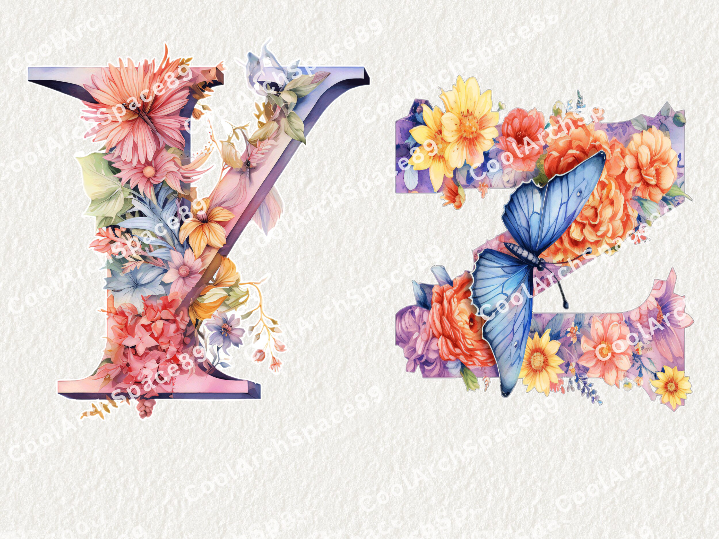Bloemen alfabet A Z clipart, bloemen letters Png, aquarel alfabet png