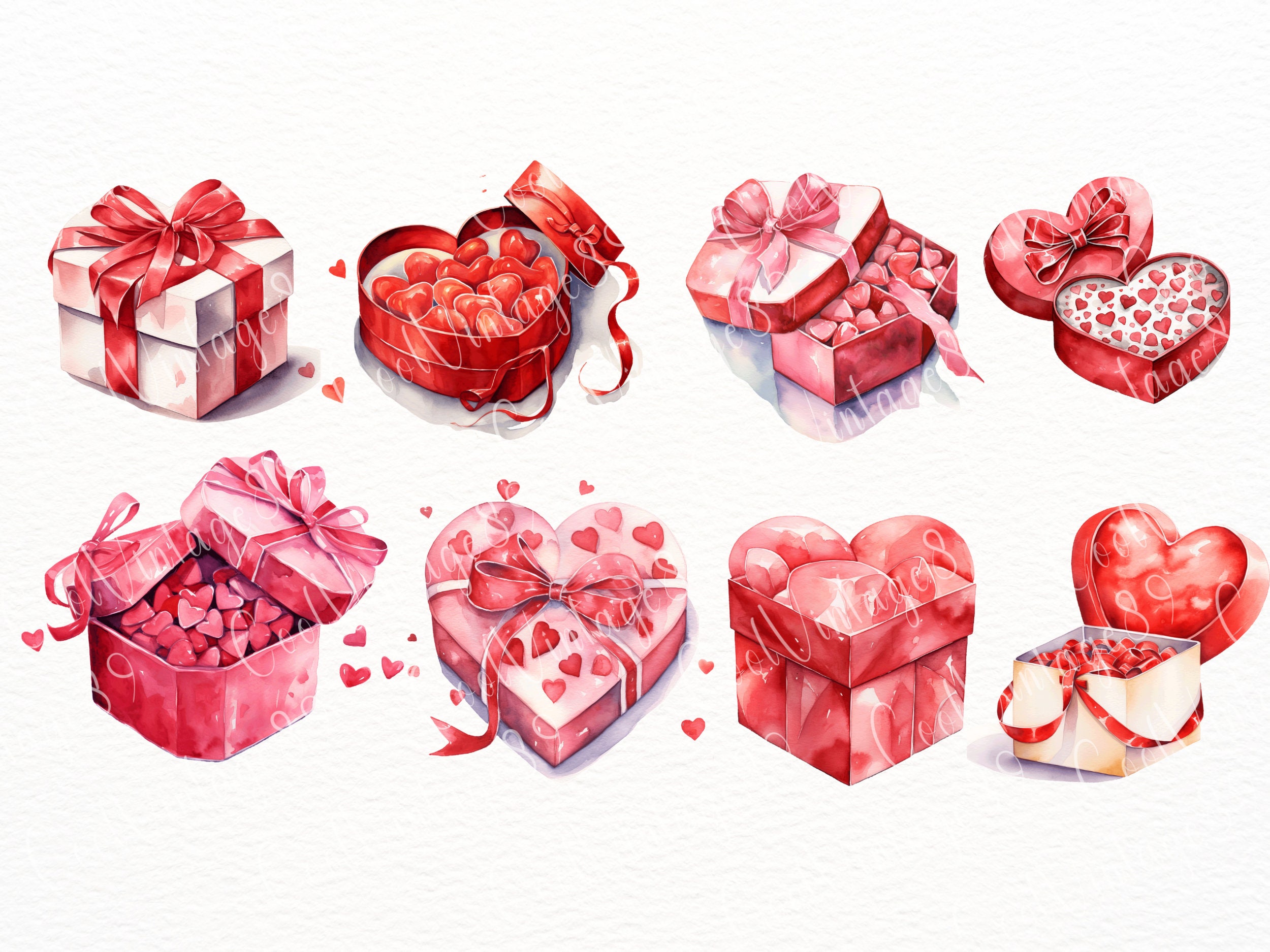 20 PNG Watercolor Valentine's Day Gifts Clipart, Heart Box Valentines ...