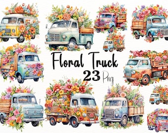 Watercolor Floral Truck Clipart Bundle (PNG Digital Downloads)