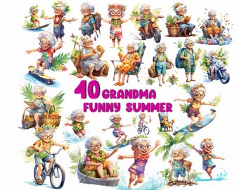 Funny Grandma Watercolor Clipart: Summer Theme (PNG Digital Download)