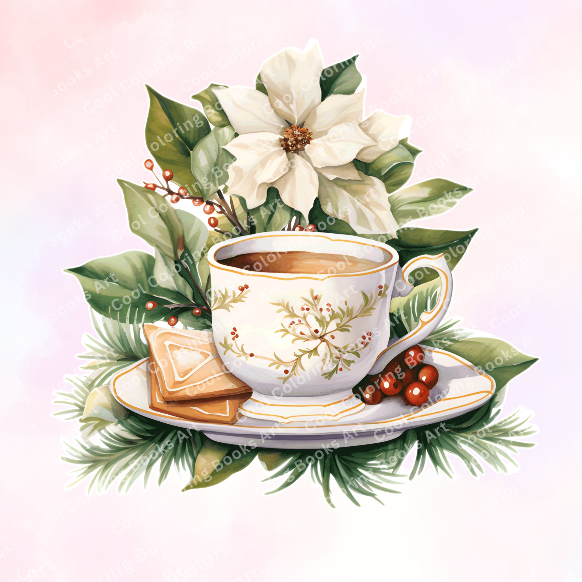 24 Christmas Tea Clipart, Winter Holiday Tea Cups, Garden Tea Clip Art