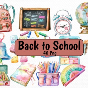 40 PNG Watercolor Back to School , Clip art PNG Digital Downloads.