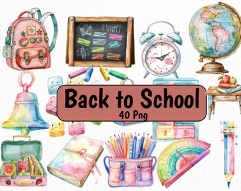 40 PNG Watercolor Back to School , Clip art PNG Digital Downloads.