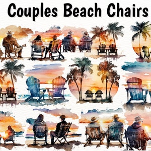 12 PNG Watercolor Couples Beach Chairs Collection Clipart, PNG Beach Chairs Clipart, Beach Heart Clipart, Tropical Sunset , Commercial Use