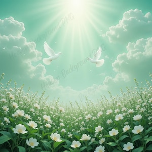 Green Memorial Dove Clouds Stairway to Heaven Background,Heaven Columns Memorial,Clouds Doves Heaven Design.
