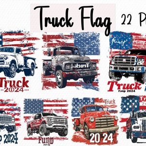 Könnte beinhalten: Ein Satz von 22 digitalen Bildern mit LKW-Designs vor amerikanischem Flaggenhintergrund. Die LKWs sind in verschiedenen Stilen und Farben gehalten, darunter Rot, Weiß, Blau und Grau. Der Text "Truck Fump 2024" erscheint auf einigen der Bilder.