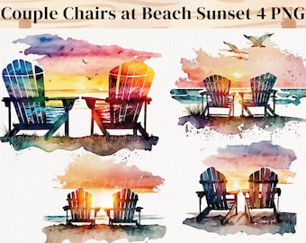 Clipart acquerello tramonto sulla spiaggia: pacchetto PNG tropicale (download digitale)