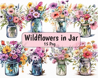 Wildflower Bouquet Clipart: Flowers in Jar PNG, Mixed Media (Digital Download)