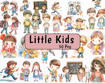 Watercolor Kids Clipart: Cartoon School Children PNG (49 Files)