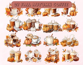 May include: Watercolor illustration featuring 27 fall-themed coffee images. The images include various coffee drinks, pumpkins, cinnamon sticks, and autumn leaves. The text "27 FALL AUTUMN COFFEE" is at the top of the image.