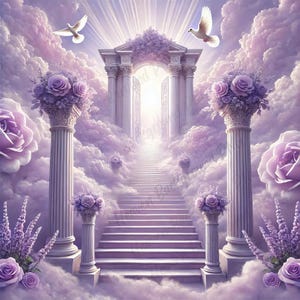 Könnte beinhalten: Digitales Kunstbild einer himmlischen Szene mit einer Treppe, die zu einem hellen Licht führt. Zwei weiße Tauben fliegen über den Wolken. Die Szene ist mit lila Rosen und klassischen Säulen geschmückt.