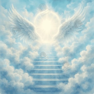 Fondo conmemorativo PNG de escalera de cielos azul cielo con alas de ángel