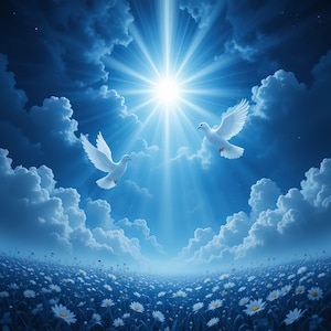 Fundo Memorial Pomba e Nuvens: Download Digital Floral Azul (3000x3000 px JPG)