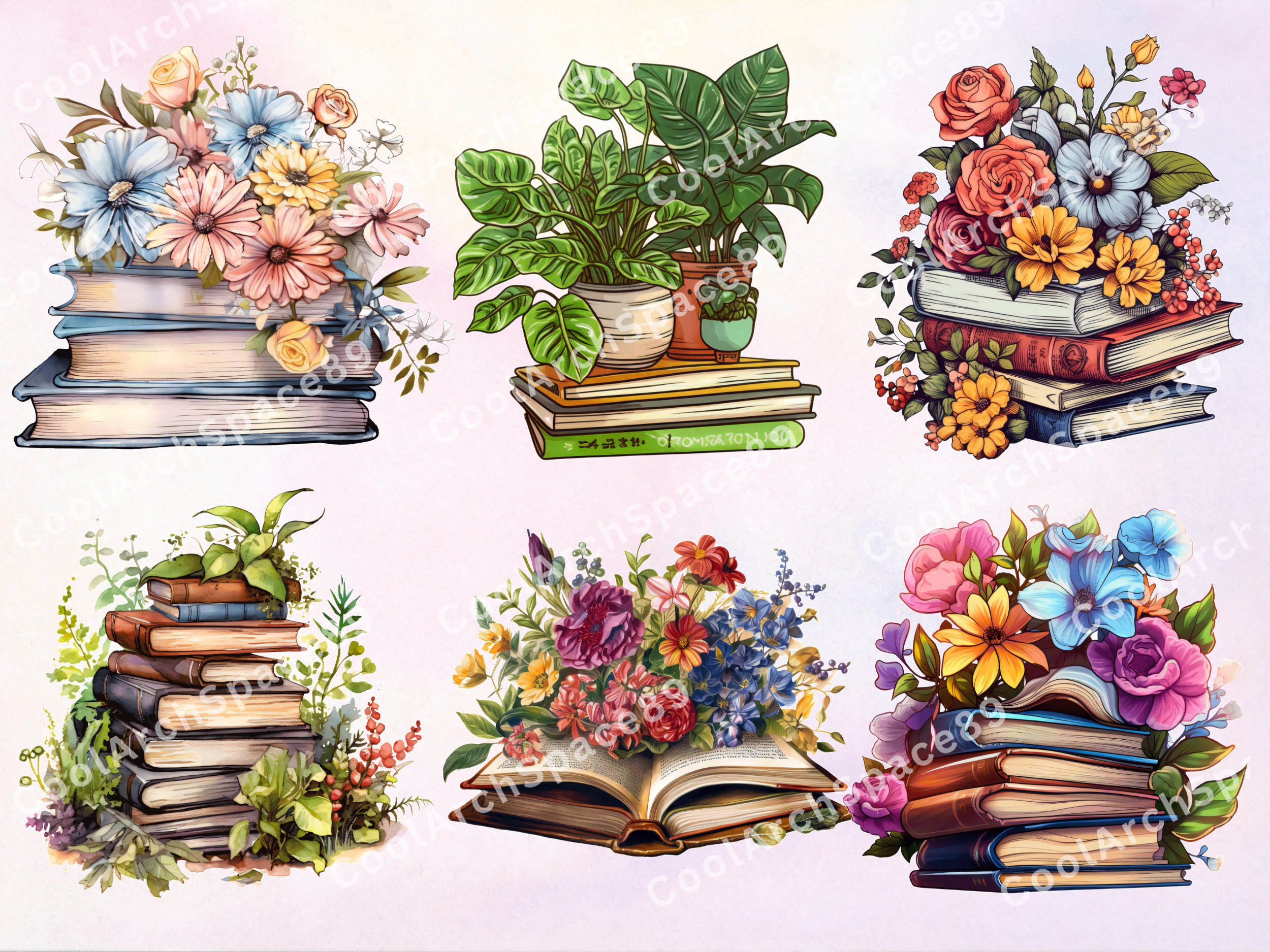 Watercolor Floral Books Clipart Bundle: Vintage Book Lover PNG ...