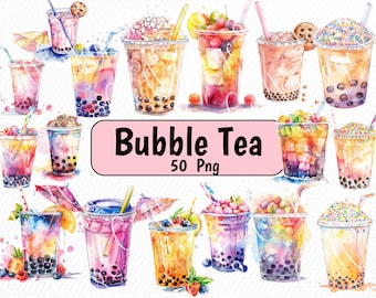50 PNG Watercolor Bubble Tea Clipart,Milk Tea Clip Art,Digital Downloads.