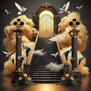 May include: An artistic depiction of a grand staircase leading to golden gates, flanked by ornate black pillars with gold accents. White doves fly amidst golden clouds and black calla lilies.