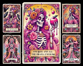 May include: Five tarot cards with a Day of the Dead theme. Each card features a skeleton figure with pink and purple flowers, and a title. The cards are "The Ravens Know All My Secrets", "The Drama Queen", "One Bite And All The Drama Unfolds", "Ruling The Stag", and "Even Angels Fall For The Drama".