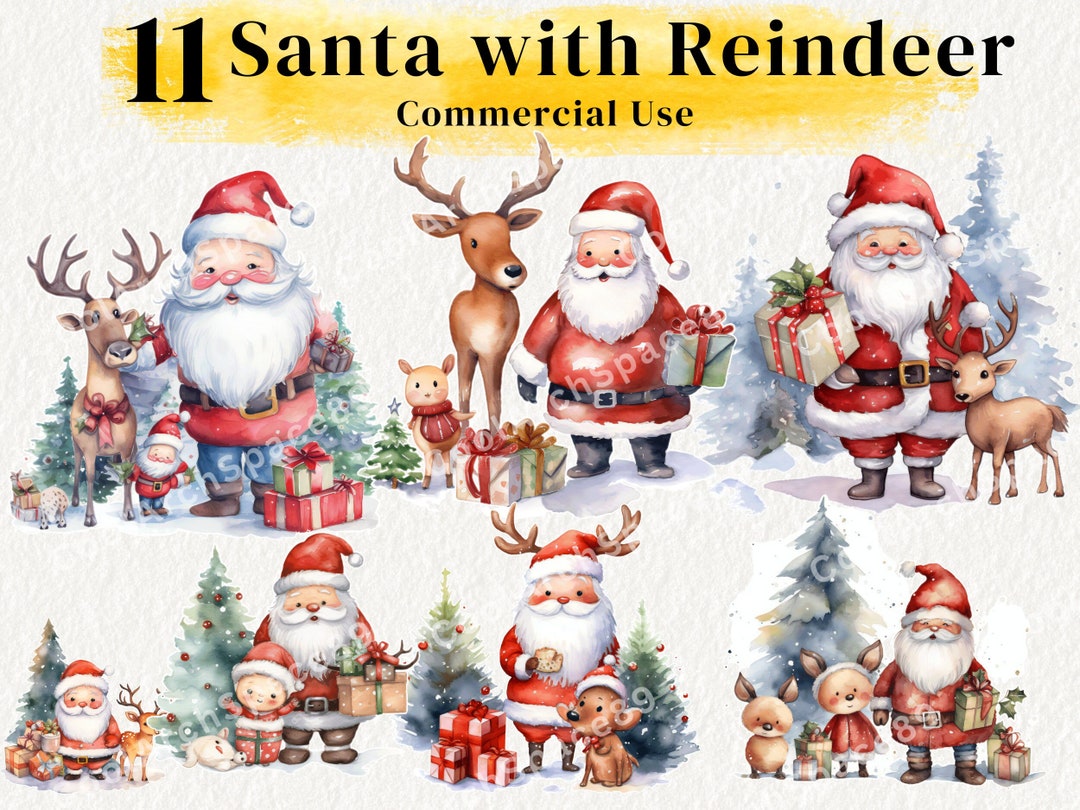 Santa and Reindeer Watercolor Clipart Bundle (commercial Use) - Etsy