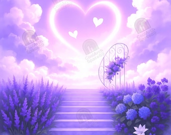 Purple Heavenly Sky and Stairs Rising to The Sky In Loving Memory PNG.