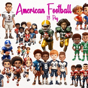 18 アメリカン フットボール キッズ PNG バンドル、フットボール キッズ、フットボールをする子供たち、クリップアート、昇華、子供のスポーツ、デジタル ダウンロード。