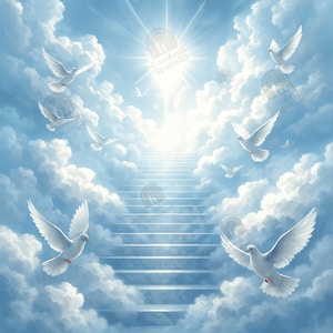 Puede incluir: Una imagen etérea de una escalera que conduce a una luz brillante en el cielo, rodeada de nubes blancas y esponjosas. Varias palomas blancas están en vuelo, lo que se suma a la atmósfera celestial. La escena evoca una sensación de paz y serenidad.