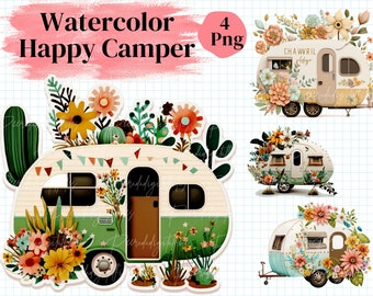 Watercolor Happy Camper Clipart Flowers 4 Png Bundle, Camper Sublimation, Camper Flowers Png, Camper Clipart Png, Digital Download.