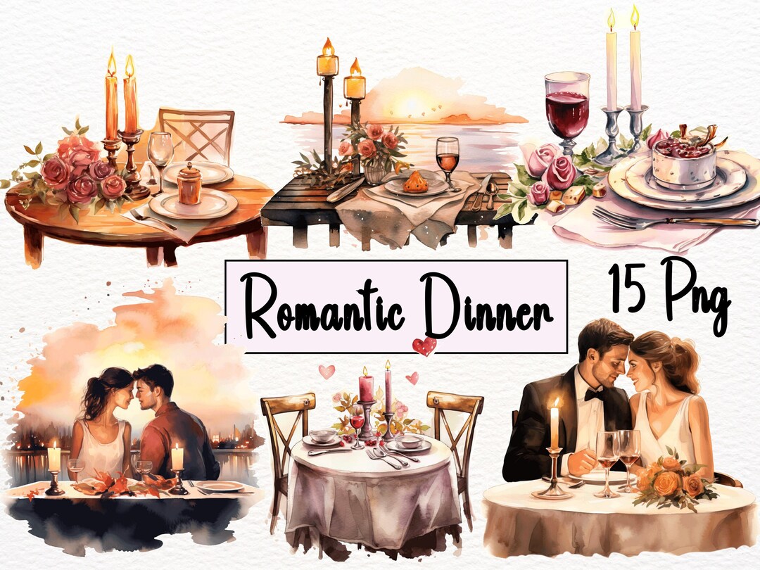 15 Valentine's Dinner Watercolor Clipart Bundle, Loving Dinner Date PNG ...