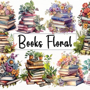 31  PNG Watercolor Floral Books Clipart Bundle , Book Clip Art, Book Bundle PNG, , old books planner , Book lover clipart,  Commercial Use.