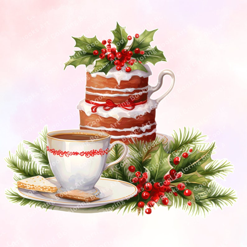 24 Christmas Tea Clipart, Winter Holiday Tea Cups, Garden Tea Clip Art