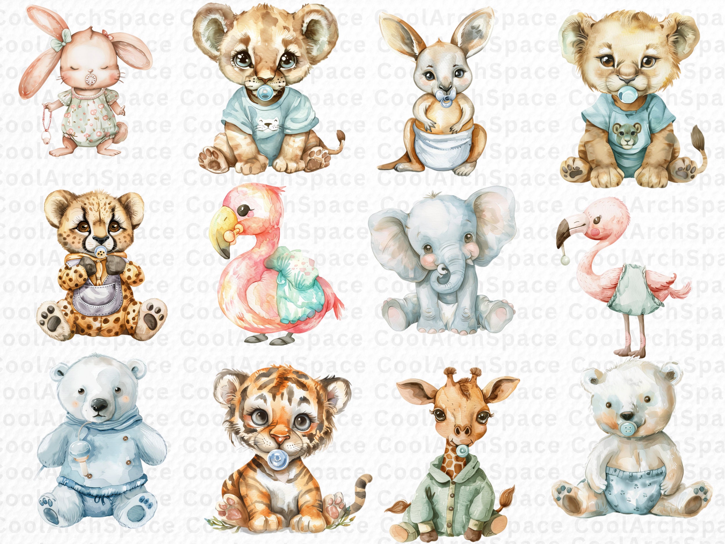 52 PNG, Watercolor Baby Animals Bundle, Cute Animal Clipart, Watercolor ...