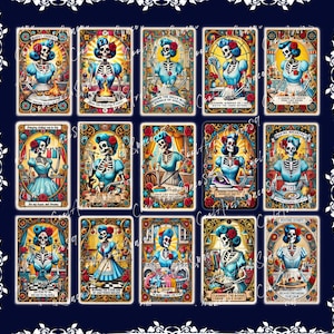 15 Hausfrau Tarot Karten Clipart, sarkastische Skelett Cliparts, schwarzer Humor digitale Kunst, Vintage Retro Tarot Design, Halloween-Skelett.