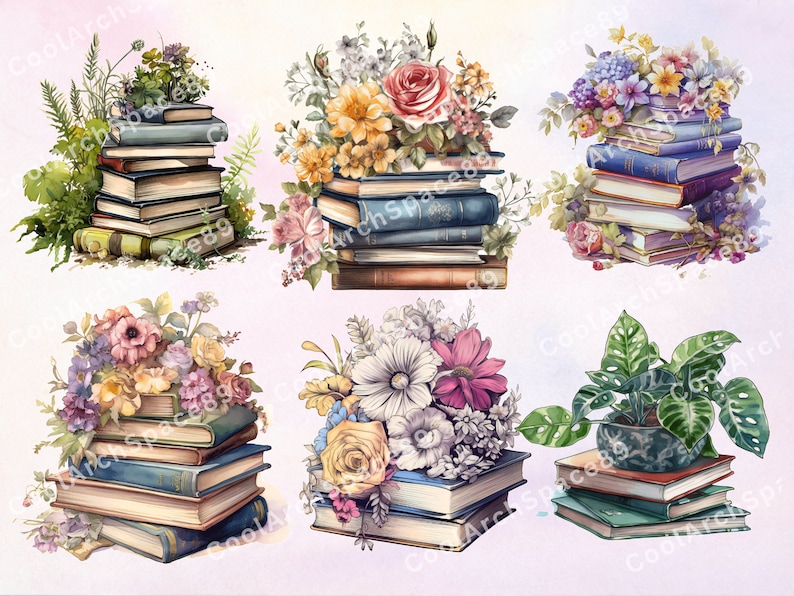 Watercolor Floral Books Clipart Bundle: Vintage Book Lover PNG ...