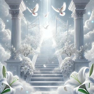 Può includere: Illustrazione digitale di una scena celeste con colonne bianche, cancelli e una scala che conduce a una luce brillante. Colomba bianca volano nel cielo, e fiori e nuvole bianche circondano la scala. Il tema generale è di pace e serenità.