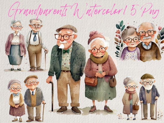Grandparents Clipart Bundle: Watercolor Granny & Grandpa Graphics