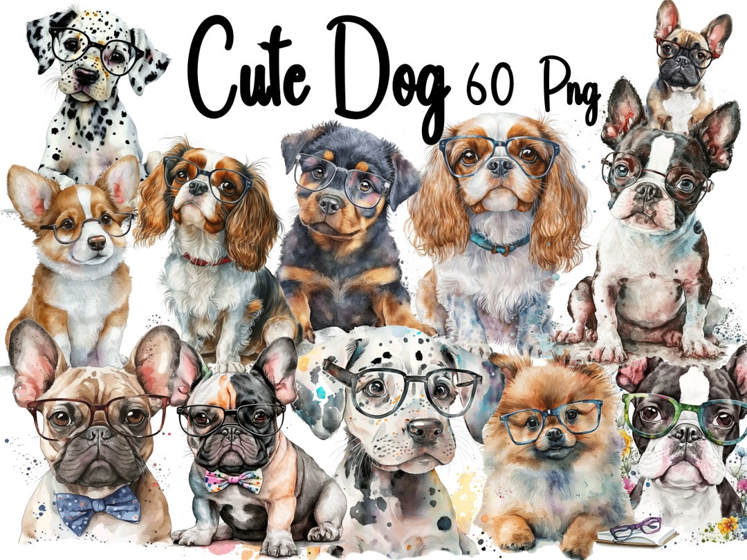Watercolor Dog Clipart Bundle: French Bulldog With Sunglasses (60 PNG ...