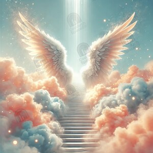 Könnte beinhalten: Digitales Kunstwerk, das eine himmlische Szene mit großen weißen Engelsflügeln, einer aufsteigenden Treppe und flauschigen Wolken in Pfirsich-, Blau- und Weißtönen zeigt. Lichtstrahlen scheinen von oben herab und erzeugen eine friedliche Atmosphäre.