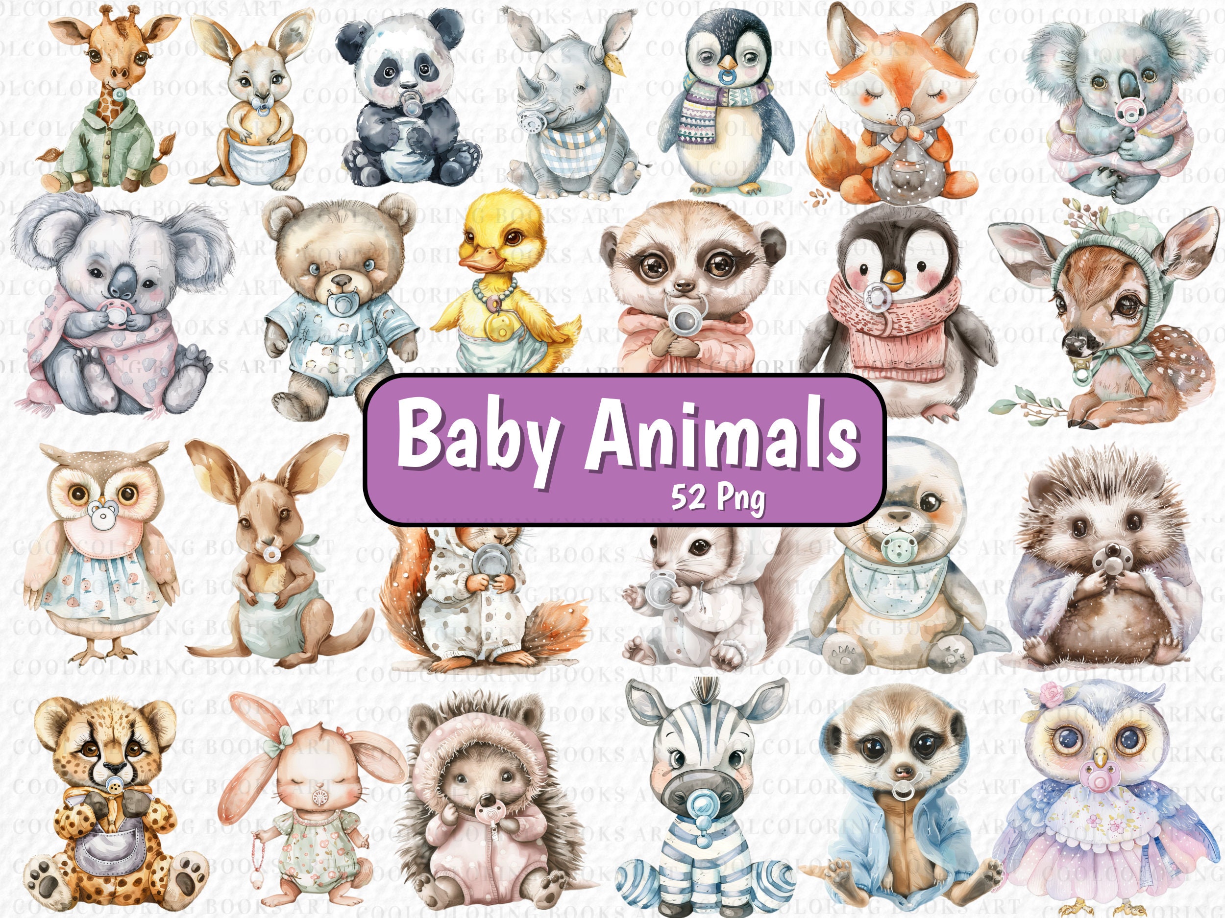 52 PNG, Watercolor Baby Animals Bundle, Cute Animal Clipart, Watercolor ...