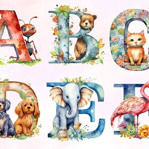 May include: Watercolor alphabet letters A through E with a different animal in each letter. The letter A has a red ant, B has a brown bear, C has an orange cat, D has two dogs, and E has a blue elephant.