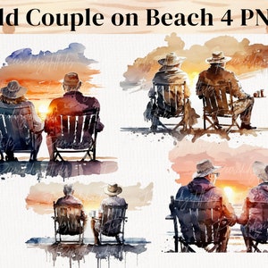 Pareja de ancianos en la playa Acuarela Clipart 4 PNG Paquete, Archivos de sublimación, Clipart, Descargas digitales.