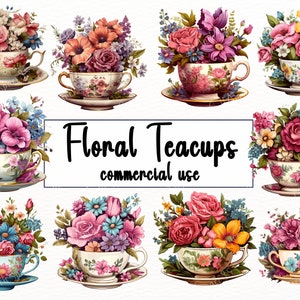 15 PNG Watercolor Floral Teacups Clipart ,Sublimation flower tea cup PNG format instant download , commercial use.