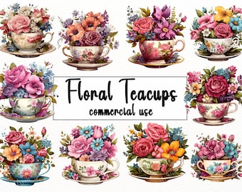 Clipart de xícaras de chá florais em aquarela: Xícara de chá de flores PNG (Download digital)
