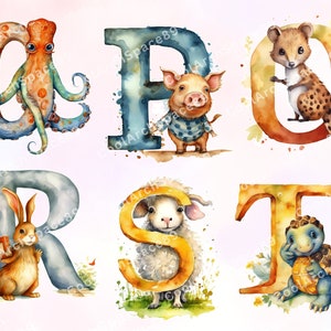 May include: Watercolor alphabet letters with animal illustrations. The letters are O, P, Q, R, S, and T. The animals are an octopus, a pig, a civet, a rabbit, a sheep, and a turtle.