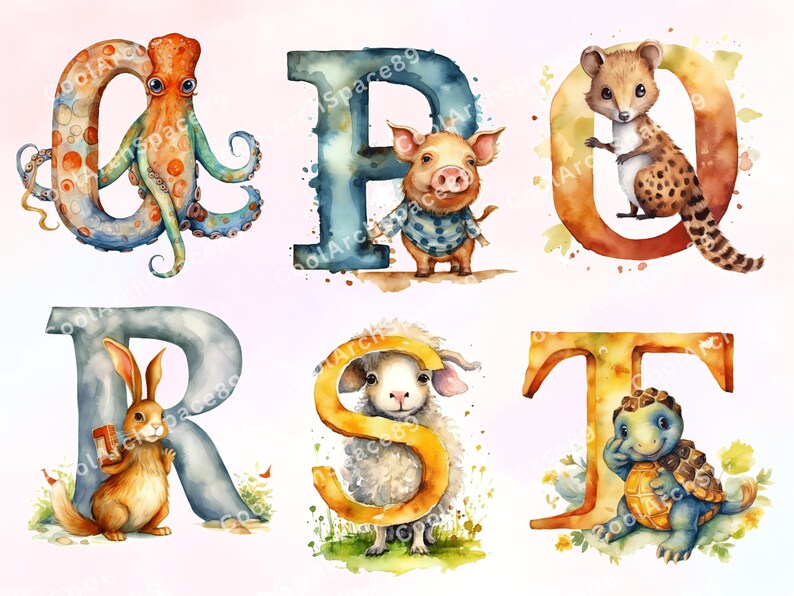 May include: Watercolor alphabet letters with animal illustrations. The letters are O, P, Q, R, S, and T. The animals are an octopus, a pig, a civet, a rabbit, a sheep, and a turtle.